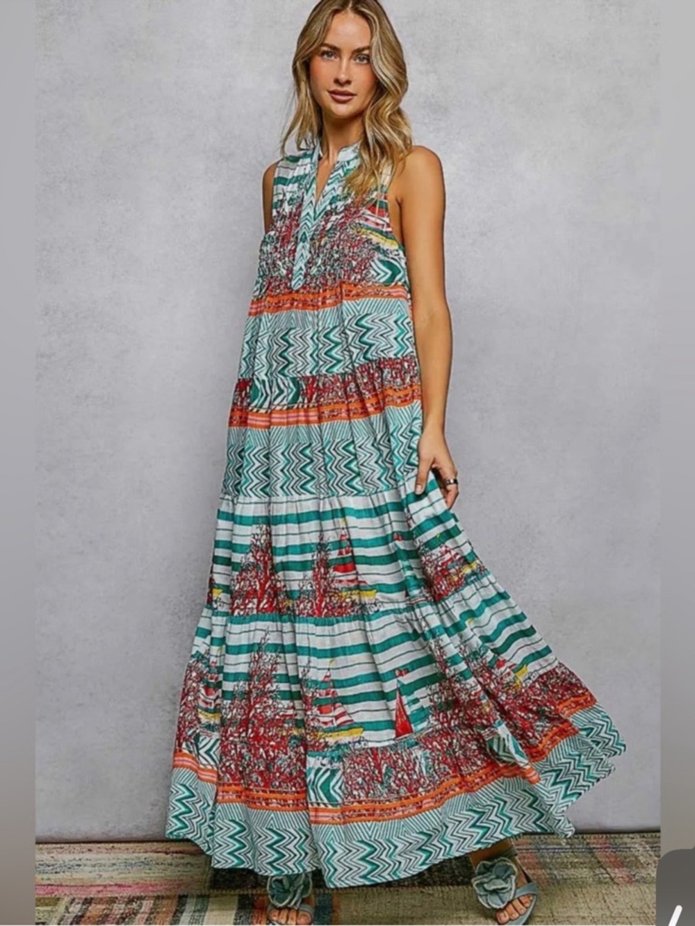 POL Teal & Orange Patterned Sleeveless Maxi Dress